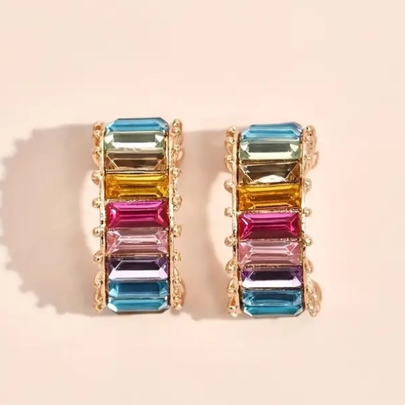 Rainbow Multicolor Crystal C Shape Hoops Stud Earrings - Picture 2 of 2